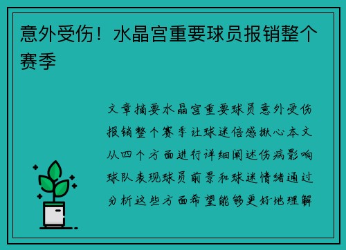 意外受伤！水晶宫重要球员报销整个赛季